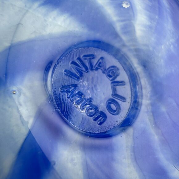 Vintage Intaglio Anton Art Glass Round Oil Lamp Blue Swirl Hand-blown Wick 4.5" - Picture 5 of 9